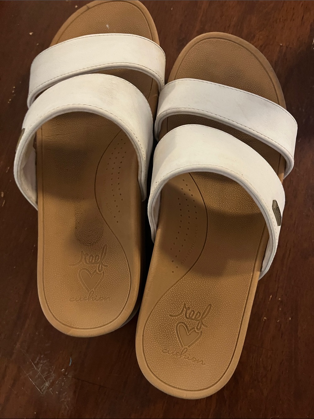 Reef White Double-Strap Slide Sandals with Tan Footbed